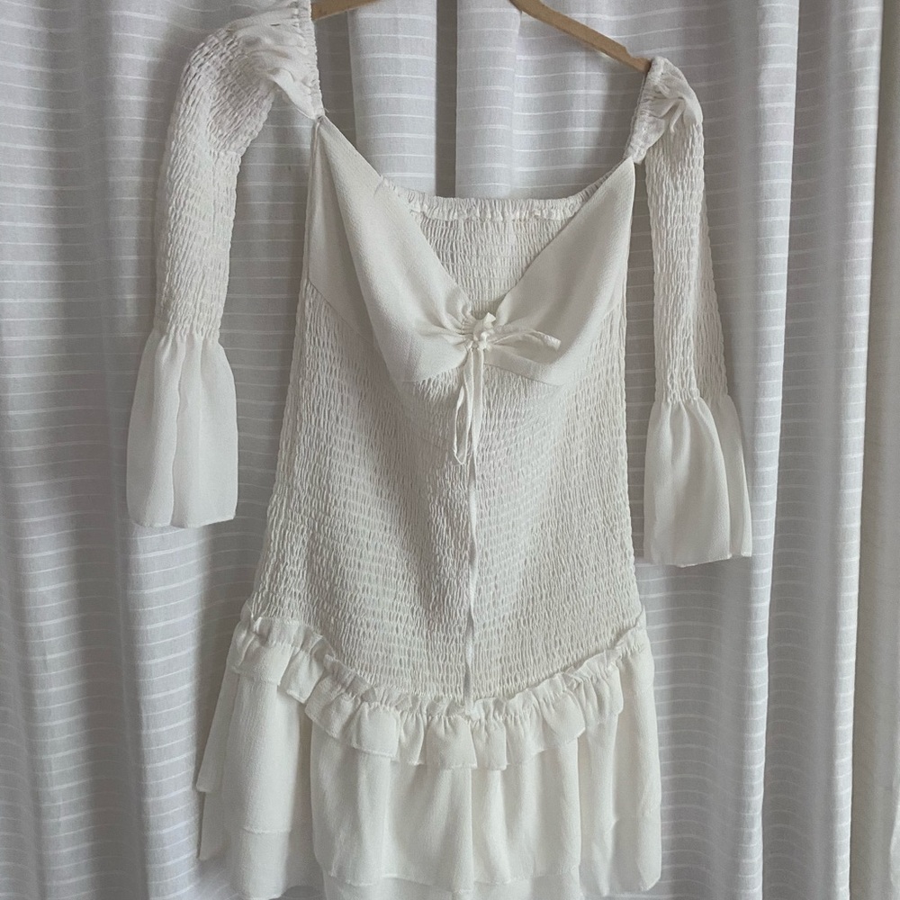 White scrunched off the shoulder dress